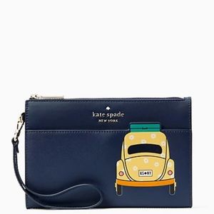 KATE SPADE BEEP MEDIUM WRISTLET CARD HOLDER WALLET VW BUG YELLOW CAR NAVY BLUE